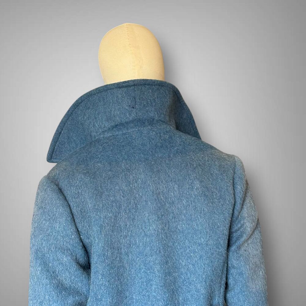 1970s Mod Blue Wool Double Breasted Pea Coat Dramatic Collar Med Vintage Jacket - Picture 7 of 13